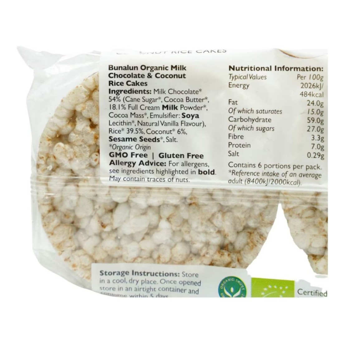 Bunalun Organic Milk Chocolate And Coconut Rice Cakes 100g