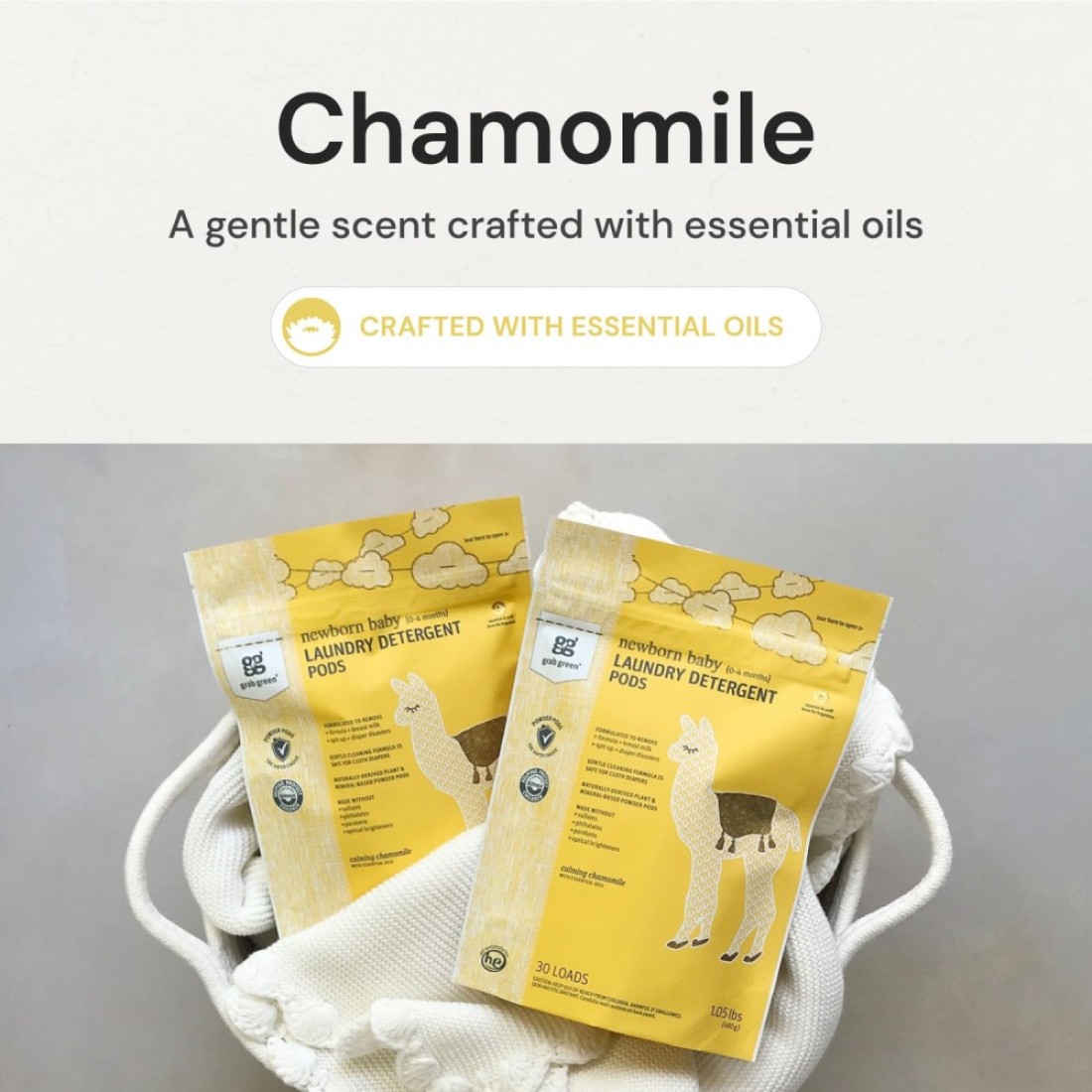 Grab Green Newborn Baby Laundry Detergent Pods 60 Count Calming Chamomile Scent Plant and Mineral Based Formulated to Tackle Newborn 04 Months Laundry Stains