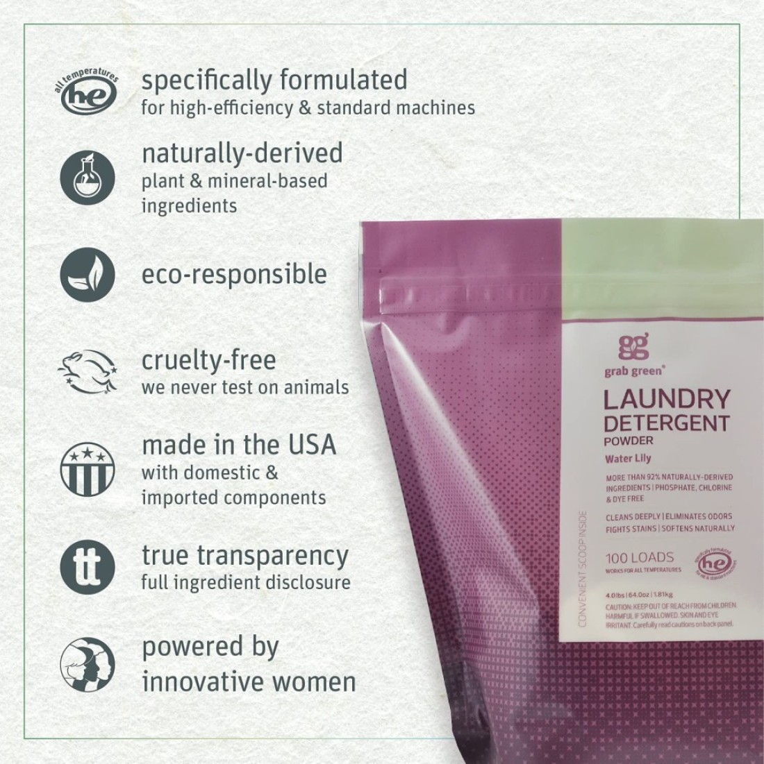 Grab Green Natural 3in1 Laundry Detergent Powder Water Lily 100 Loads