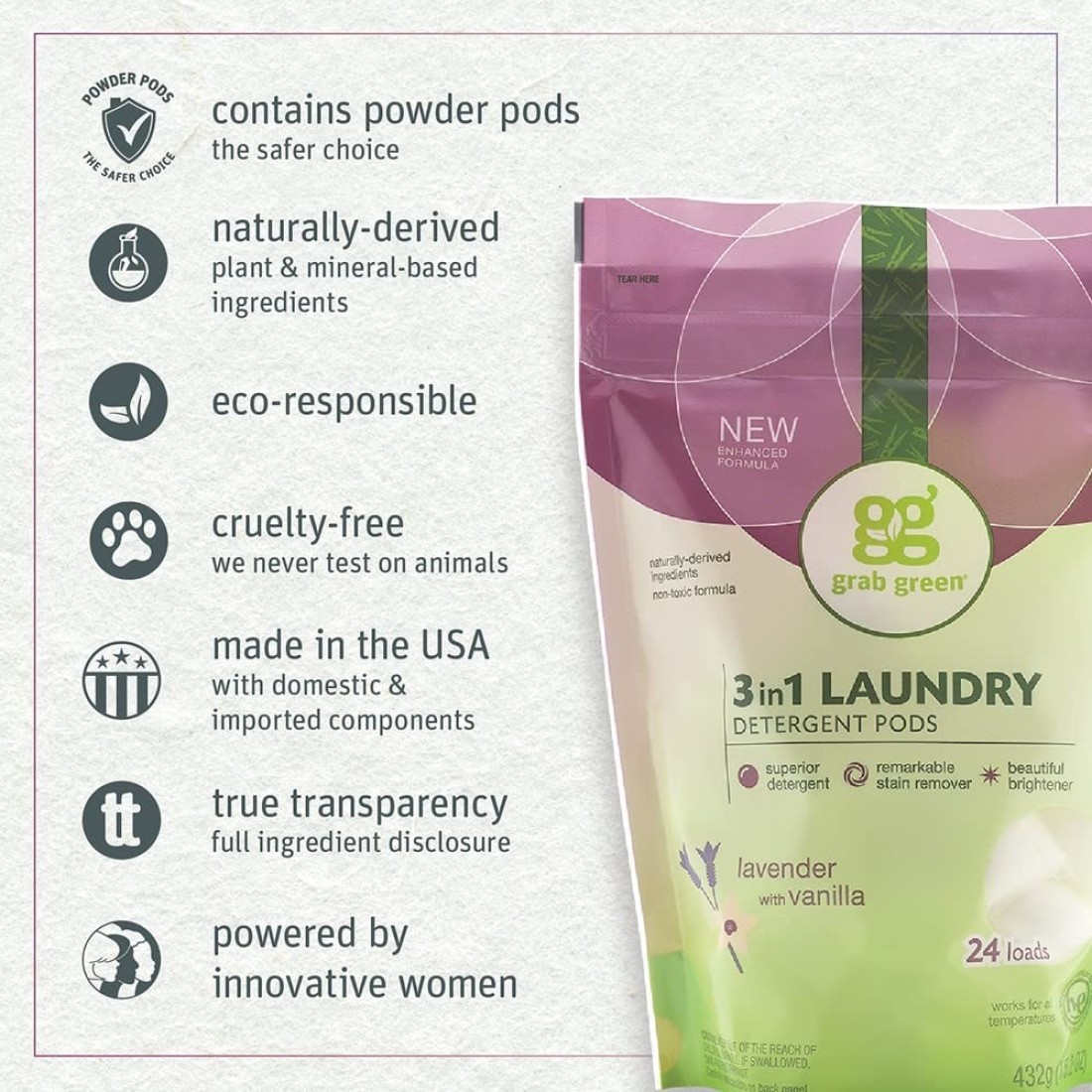 Grab Green3in1 Laundry Detergent Pods 24 Count Lavender Vanilla Scent Plant and Mineral Based Superior Cleaning Power Stain Remover Brightens Clothes