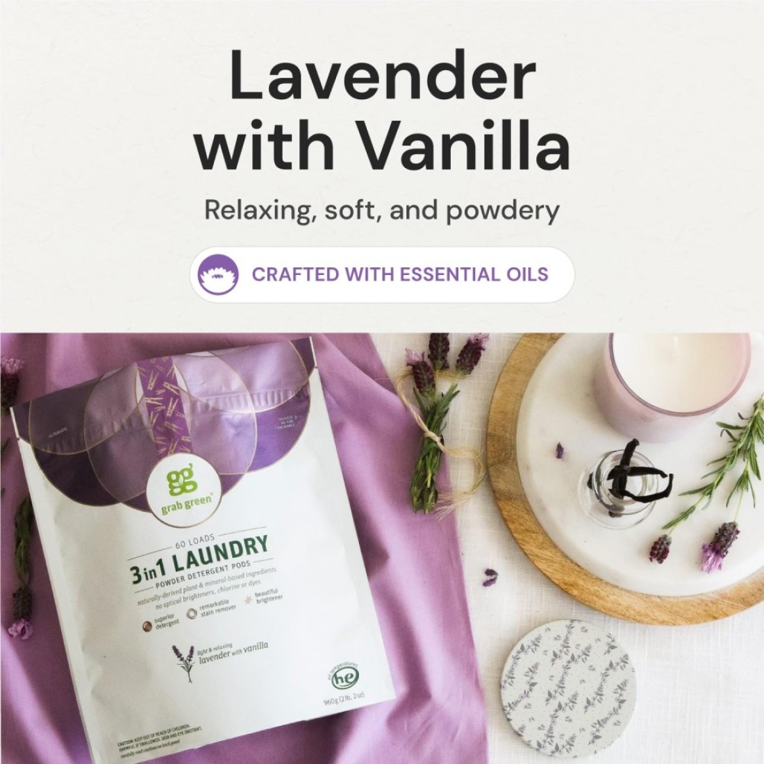 Grab Green3in1 Laundry Detergent Pods 60 Count Lavender Vanilla Scent Plant and Mineral Based Superior Cleaning Power Stain Remover Brightens Clothes