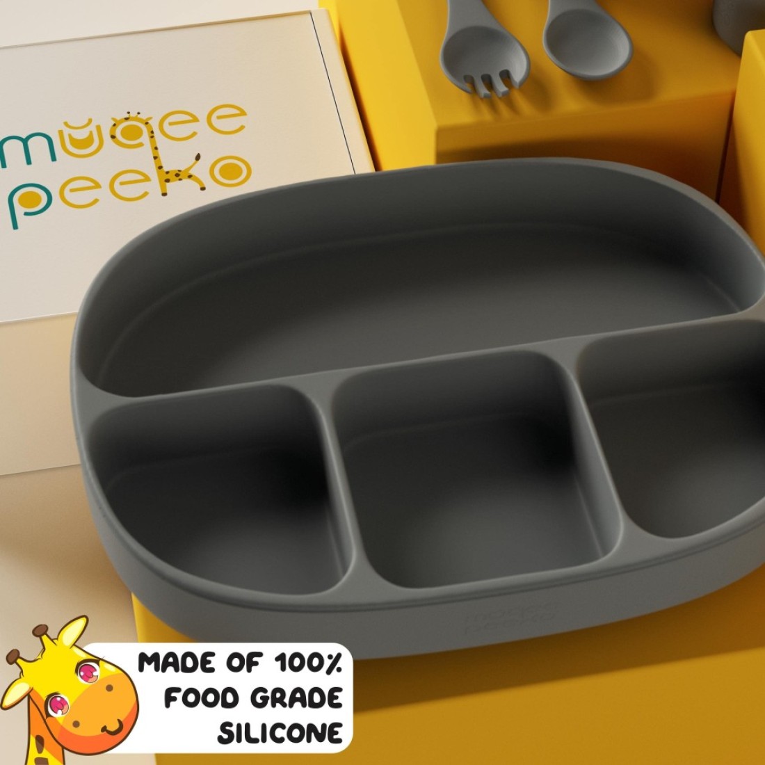 Muqee Peeko Baby Feeding Set 6 Piece Pebble Gray Includes Suction Bowl Plate Silicone Bib Spoon Fork for Toddlers Kids Dinnerware