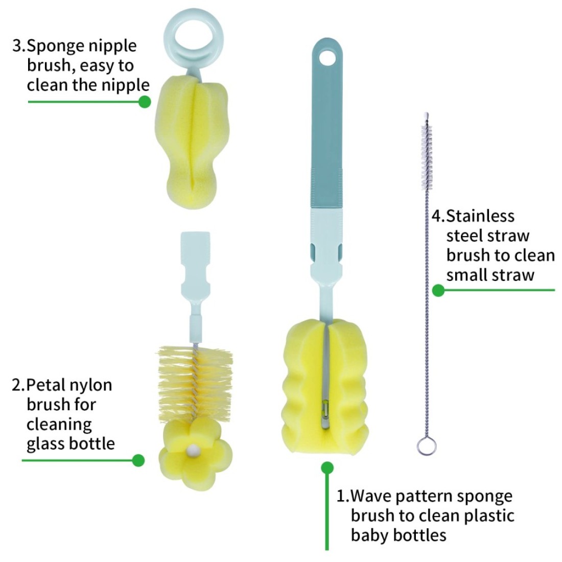 SEBIKAM Baby Bottle Brush 4 in 1 Bottle Scrubber Cleaner Brushes Set Sponge Milk Water Brush Kit Includes Baby Bottle Cleaner Brush Nipple Brush Straw Cleaner Green