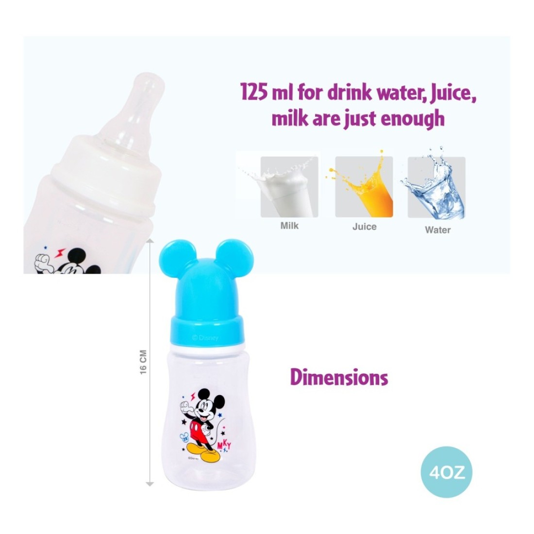Mickey Printed Feeding Bottle with Mickey Character Cap TRHA29046 125ml