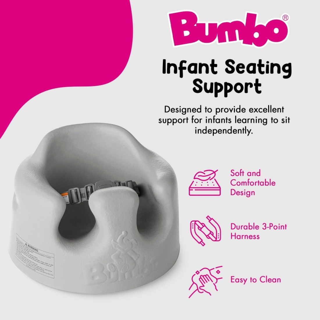 Bumbo Baby Floor Seat Portable Infant Sit Up Activity Eating Chair Cool Grey