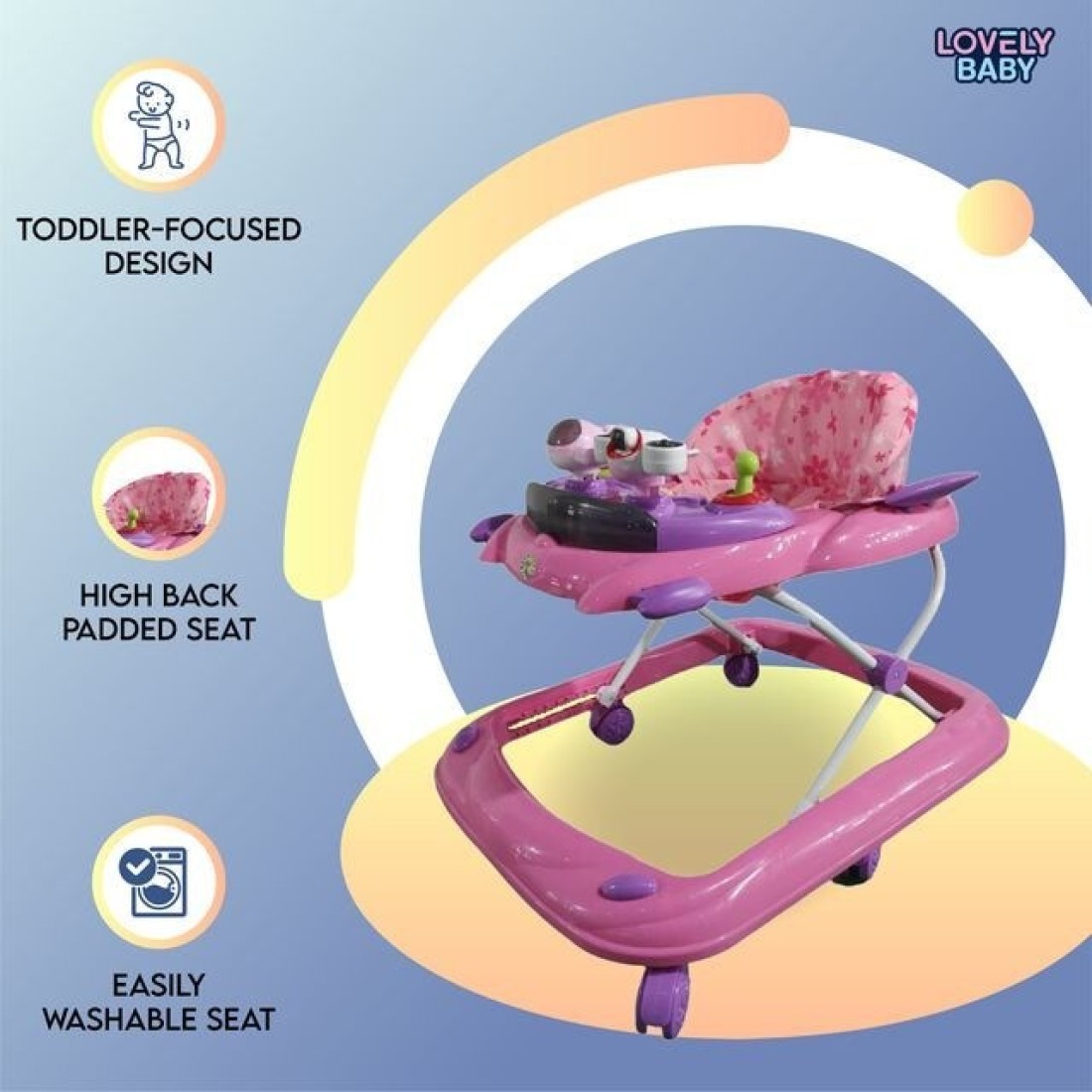 Lovely Baby Foldable Kids Walker BW10 with Adjustable Height, Musical Toys, Rotating Wheels, Comfortable &amp; Safe Activity Walker for Toddlers, Small Infant Boy Girl 6-18 months - Pink