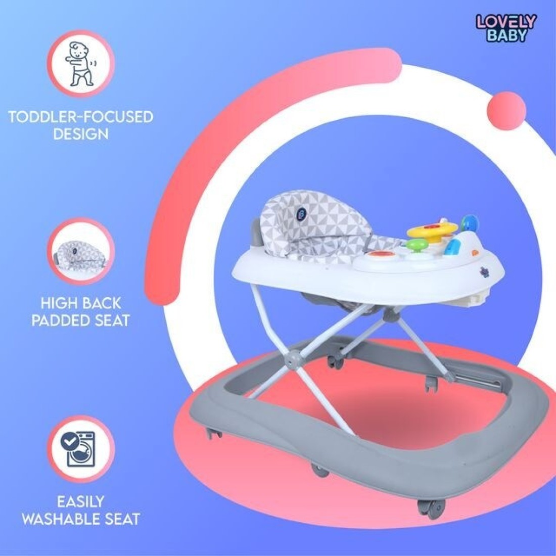 Lovely Baby Foldable Kids Walker LB 256 with Adjustable Height, Musical Toys, Rotating Wheels, Comfortable &amp; Safe Activity Walker for Toddlers, Small Infant Boy Girl 6-18 months - Grey