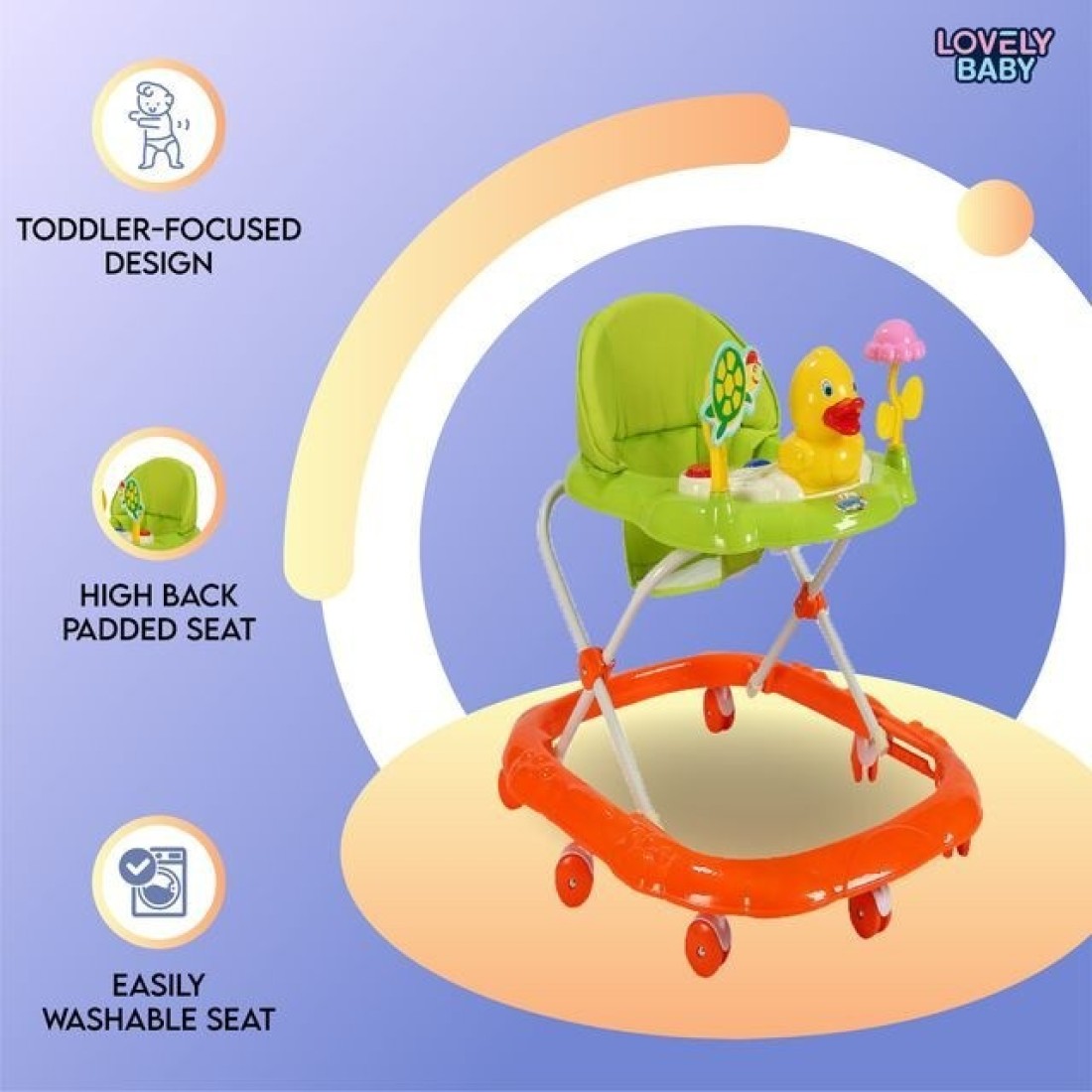 Lovely Baby Foldable Kids Walker LB 852 with Adjustable Height, Music &amp; Toys, Rotating Wheels, Foldable Safe Support Activity Walker for Toddlers, Small Infant Boy Girl 6-15 M - Orange