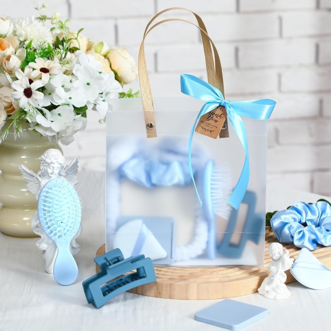 6 Sets Baby Shower Prizes for Winners Gifts Headband Hair Brush Jewelry Box Compact Mirror Powder Puff Hair Tie Claw Gift Bag Bridal Shower(Blue)