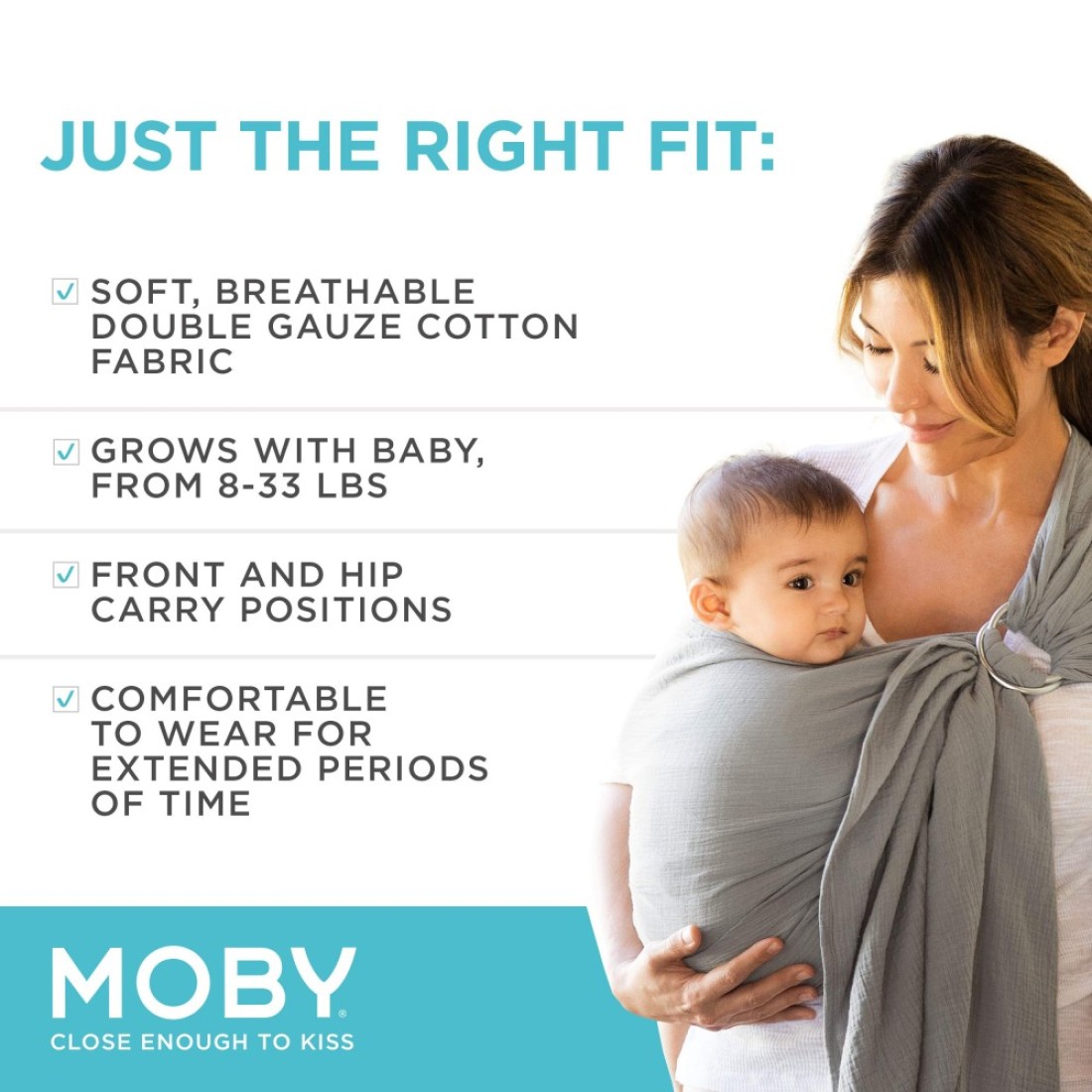 Moby Ring Sling Wrap Carrier HandsFree Versatile Support Wrap for Mothers Fathers and Caregivers Breathable Baby Wrap Carrier for Newborns Infants Toddlers Supports 830 lbs Pewter