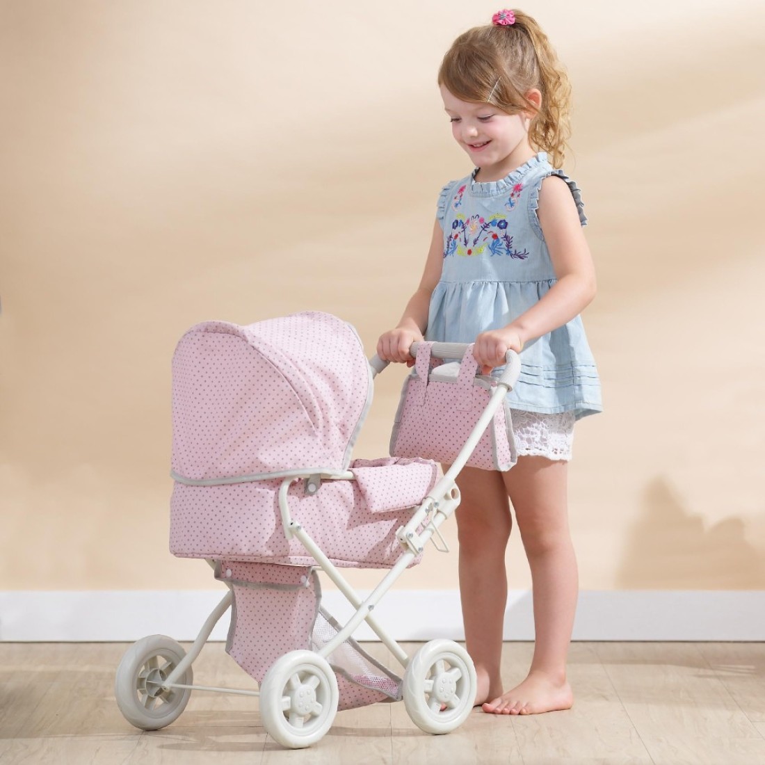 Olivias Little World BuggyStyle Baby Doll Stroller with Retractable Canopy Storage Underneath Detachable Bassinet Travel Nursery Bag Comfortable to Push Pink and Gray