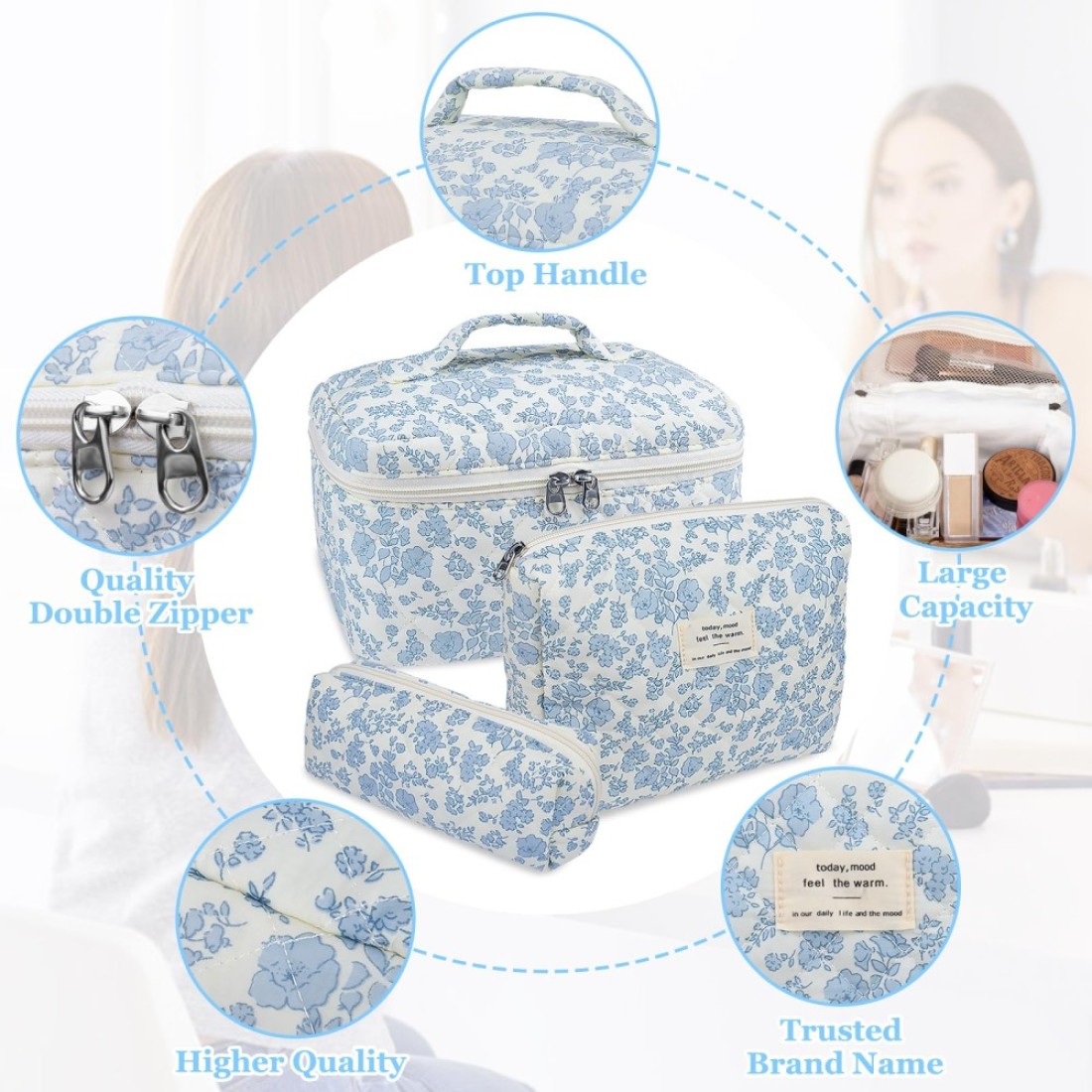 Makeup Bag Set Quilted Makeup Bag Large Floral Cosmetic Bag for Women Cute Cotton Makeup Bags Flower Travel Toiletry Organizer Bag
