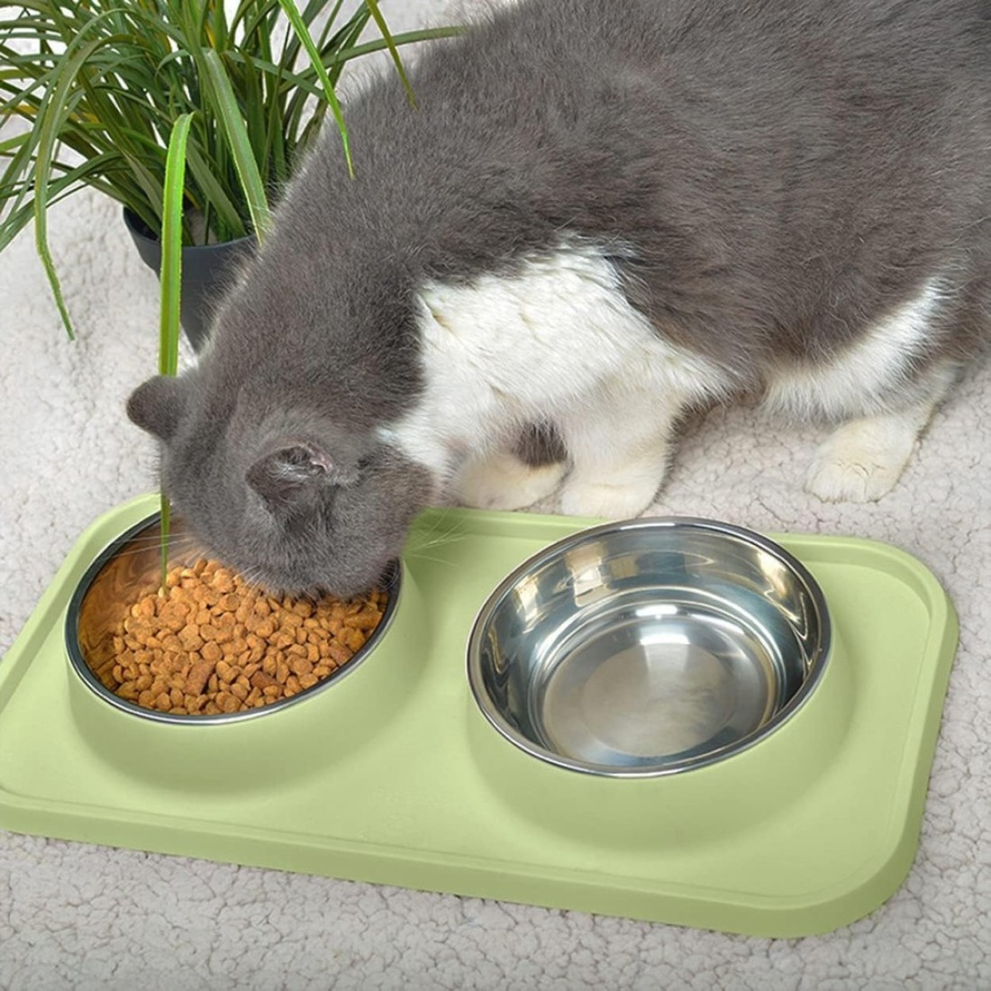 MahMir&reg; Cat Food and Water Bowls, Bowls Non-Skid and Non-Spill Silicone Mats with Stand, Removable Stainless Steel Water Dishes for Cats, Small Size Dogs (Olive Green)