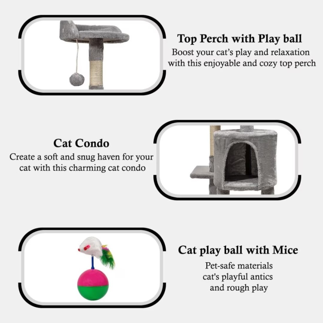 Multi-layer cat tree with Mice balance swing tumbler ball, Interactive toy ball, Indoor cat tree tower with Soft fabric condo, Top perch, and Sisal scratch post, Cat activity tower 112 cm (Grey)