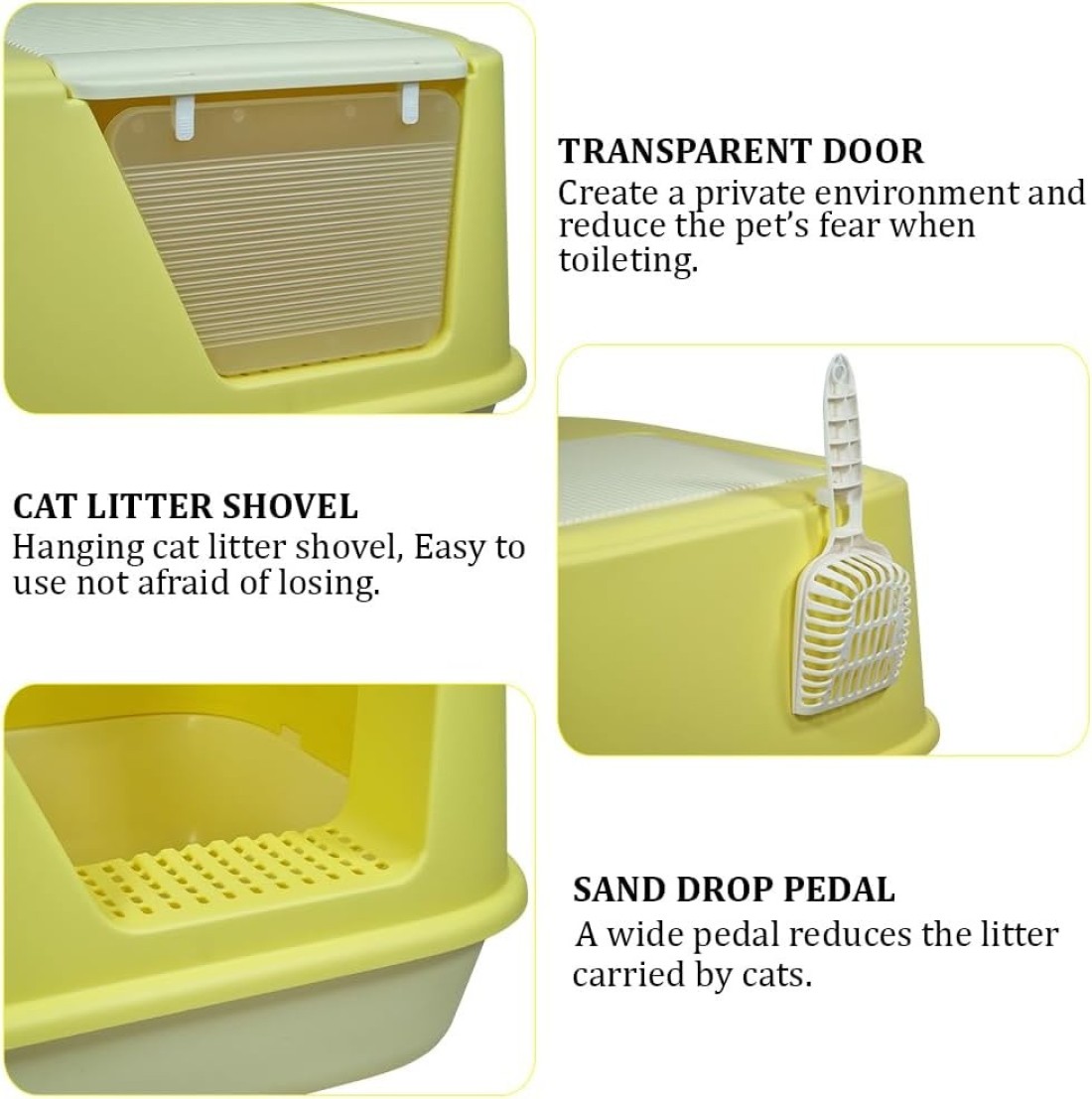 Fully enclosed cat litter box with Transparent door, Litter scoop, and Sand drop pedal, Spacious &amp; Splash-proof design cat toilet for indoor cats, Odor-resistant 65 cm (Yellow)