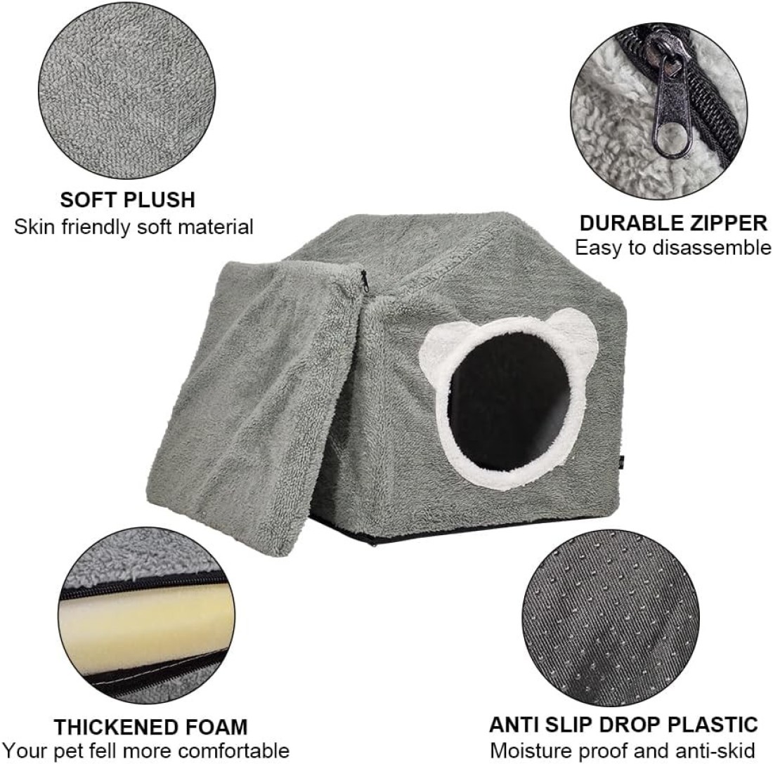 House-design cat shelter with a removable soft mat, Indoor cat bed for medium to large sized cats, Detachable, Easy to cleans and assemble, Anti-slip bottom 42 cm (Grey)