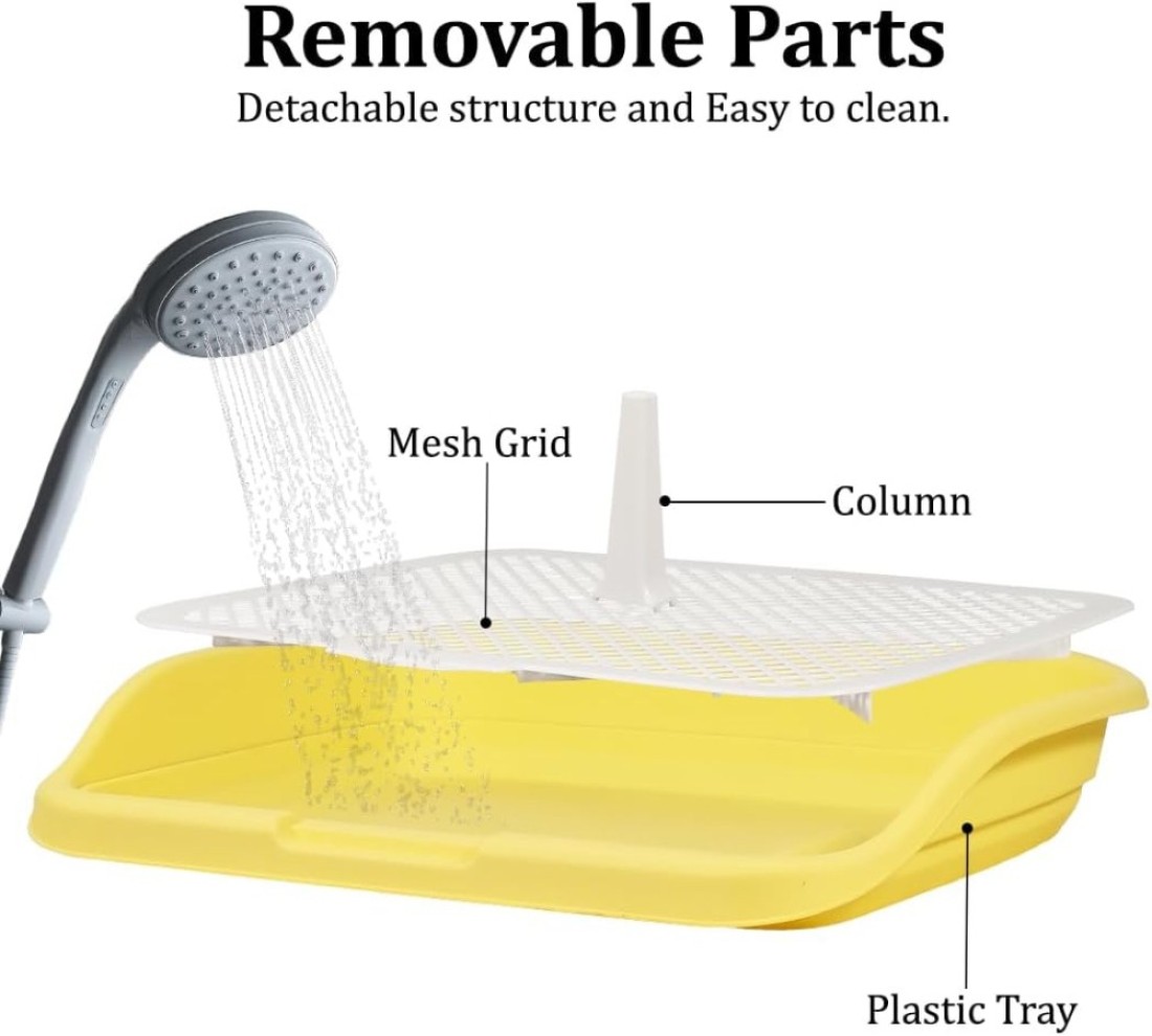Dog potty toilet with Pee post, Detachable grid, and Raised fence, Anti-splash dog pee pad holder for small to medium-sized dogs, Reusable dog potty training toilet 48 cm (Yellow)