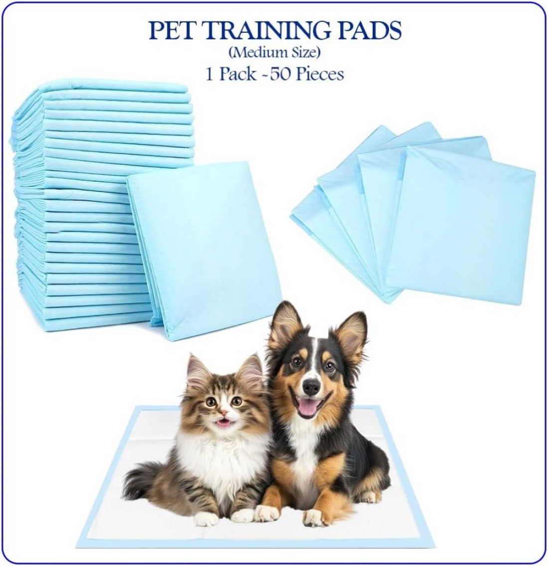 Pee pads for Dogs, Absorbent, 45x60 cm (M), Disposable pad with 5-layer thickness, Soft &amp; Comfortable, Quick dry pads for Small to medium pets, Leak-Proof and Portable, 50 Pieces of 1 pack (Blue)