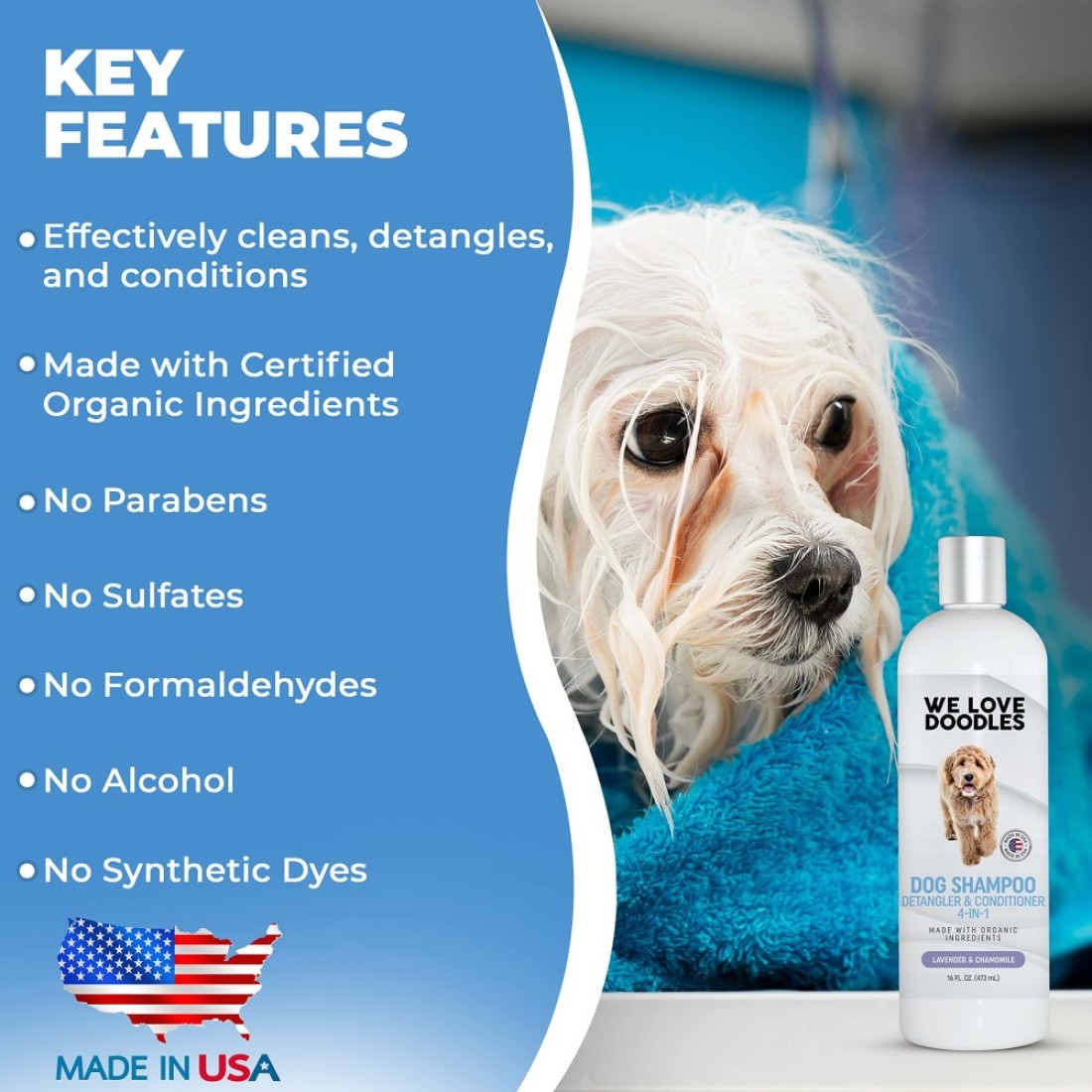 USDA Organic Dog Shampoo Conditioner Detangler Best Shampoo for Goldendoodles Poodles Doodles for Matted Pet Hair Sensitive Skin Shampoo for Puppies Made in The USA 16OZ Lavender