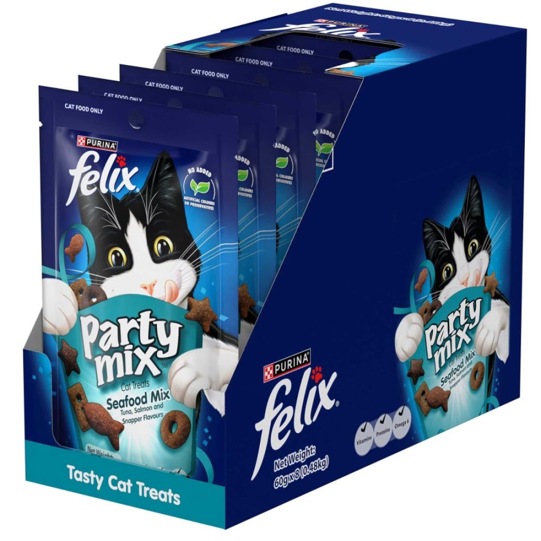 Purina Felix Party Mix Seafood Mix Dry Cat Treats, 60g Pack of 8