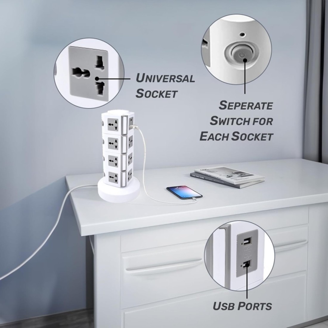 MODI 4 Layers Tower Extension Cord Socket USB Ports