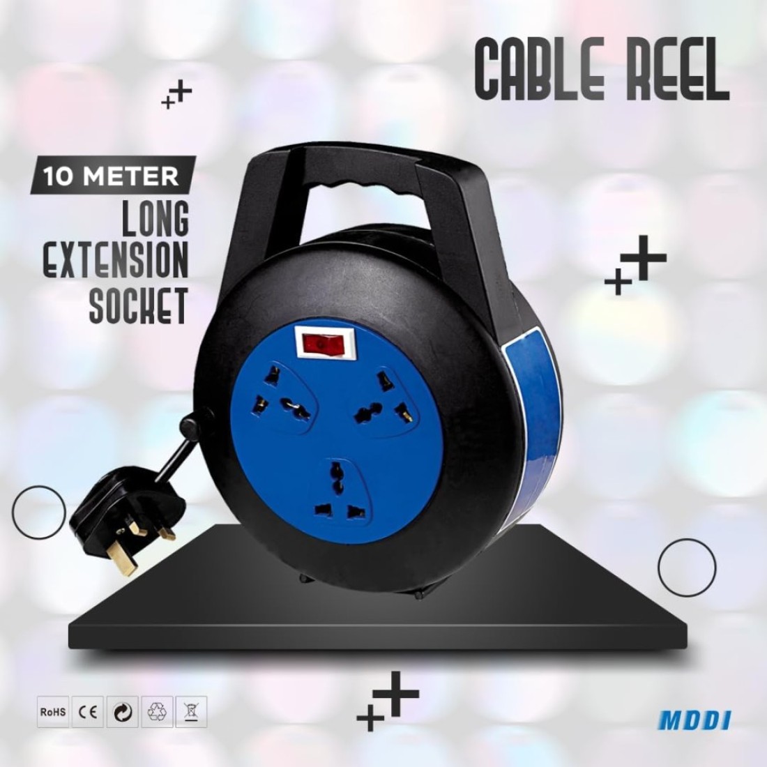 MODI Retractable 3-Way Extension Cord Reel - 10m Cable Reel with Power Button for Home, Office 2000 Watts Power Extension (10M)