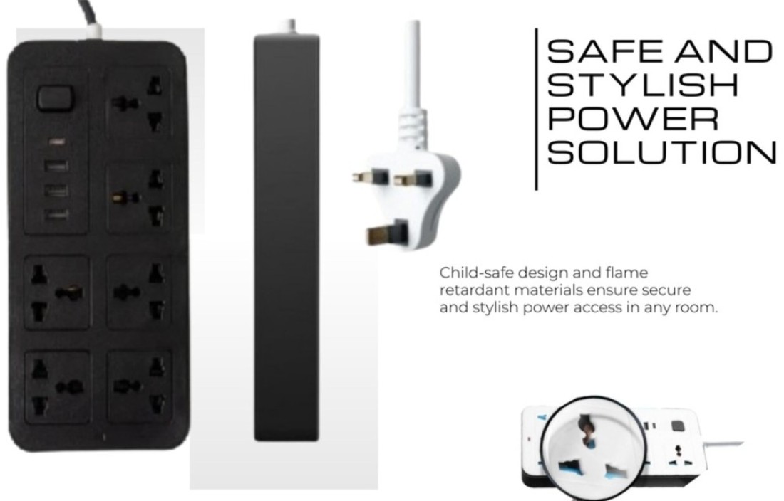 Sprinters - Universal Extension Socket 2 Meter Wire 6 AC Outlets 3 USB Ports 1 USB-C Port UK Plug 3 Pin Socket Outlet Surge Protector Power Strip for Home, Office, and Electronics (Black)