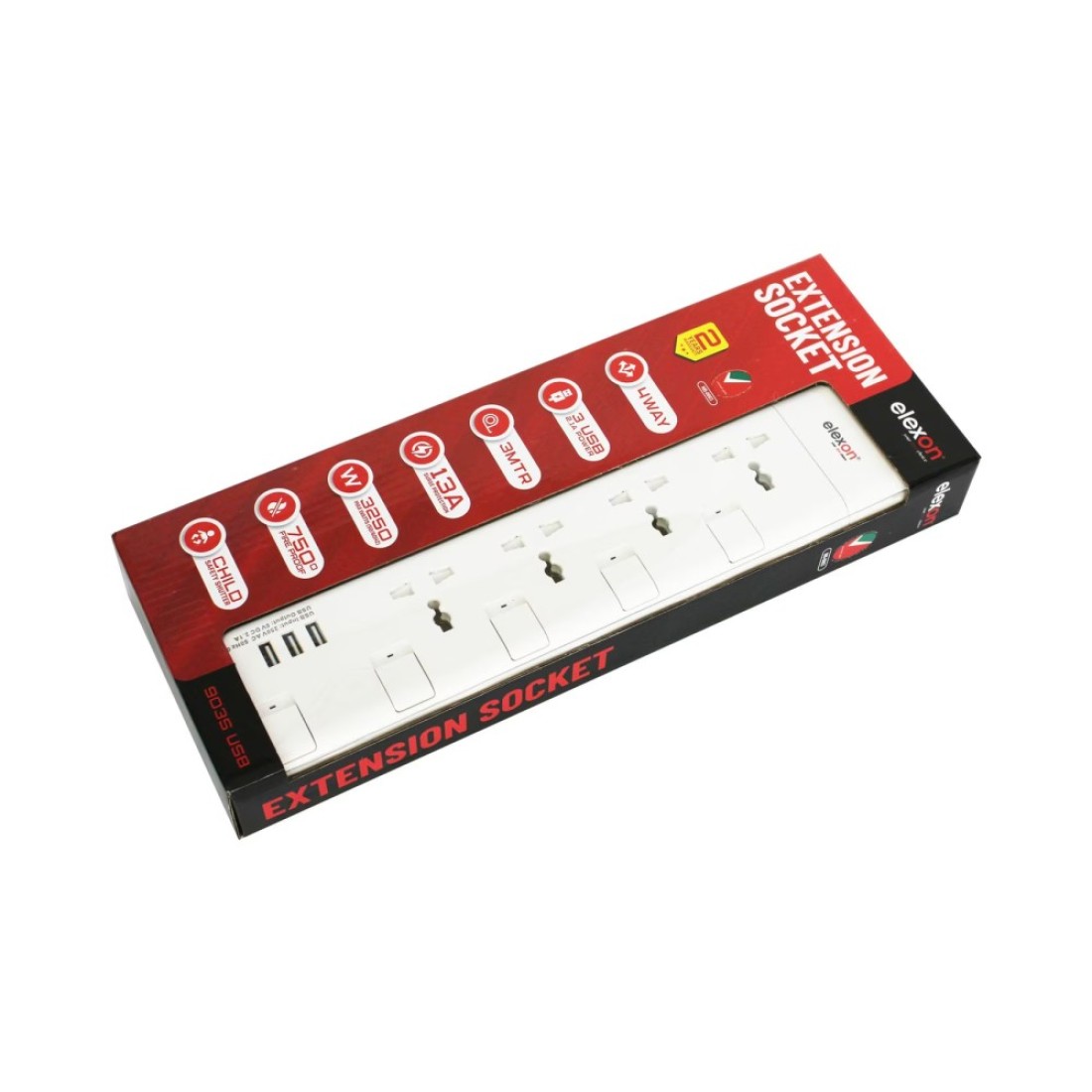 Elexon 4-Way Power Extension Socket With USB Port 13A El-903S White 2m