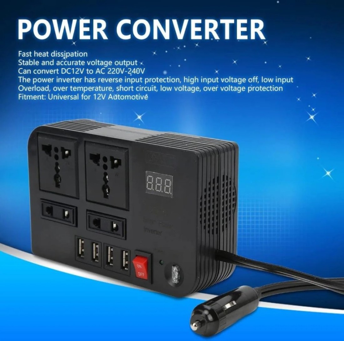 Sprintee Car Power Inverter DC 12V/24V to 220V AC 4 USB Fast Charging Ports & 2 Universal Sockets Portable Power Converter for Vehicles