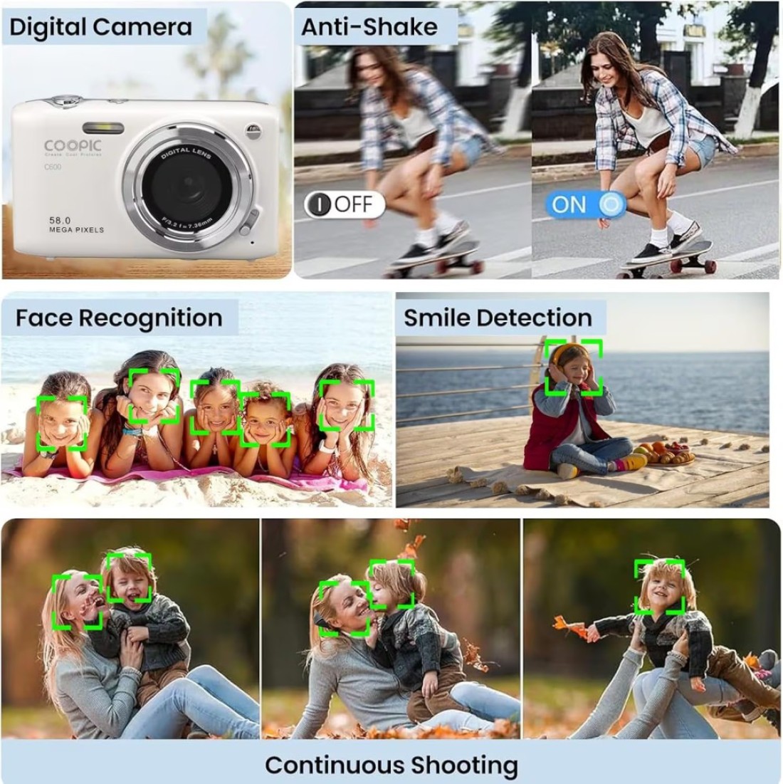 COOPIC C600 White HD Digital Camera with 16GB SD Card, 58MP, 4K Video, Ideal for Travel, Vlogging, and Creative Photography