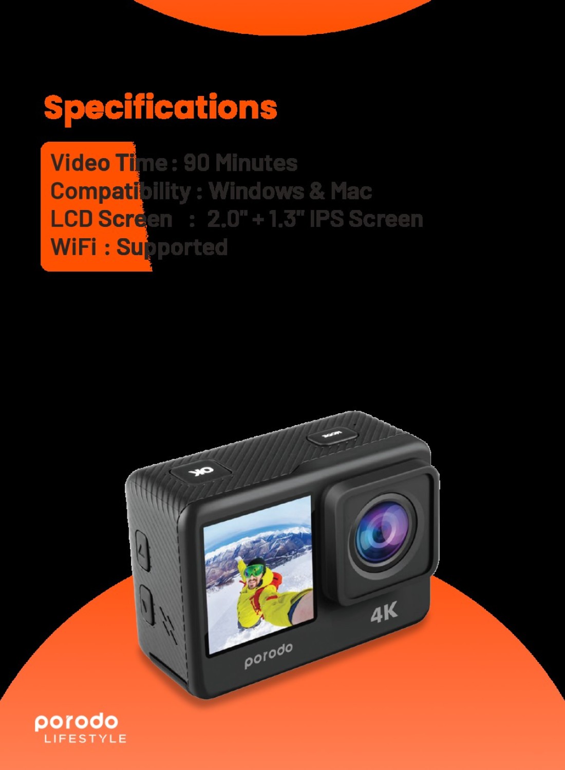 Porodo Lifestyle Waterproof 4K &amp; 30fps Action Camera 120&deg; Wide View Angle 16 MP HD Photos Dual Screen Display Multi Shoting Water Proof 900mAh Long Battery Life WiFi Support - Black
