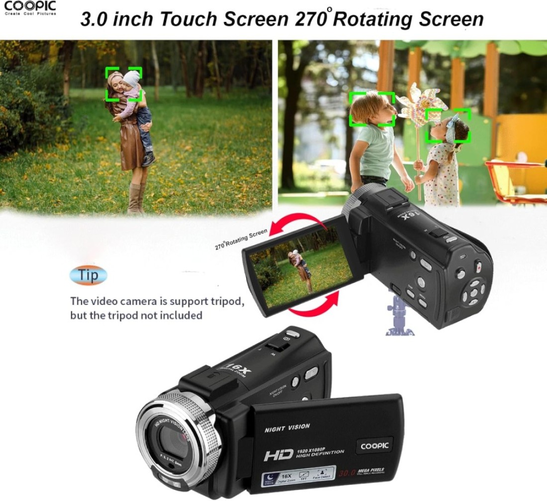 COOPIC V1000 3&rsquo;&rsquo; TFT, Anti-Shake, 270&deg; Screen Rotation, Full HD 1080P Digital Video Camera 30MP Photo, 16X Zoom, Night Vision, Compatible with Windows XP/7/8/10 for Photography and Videography