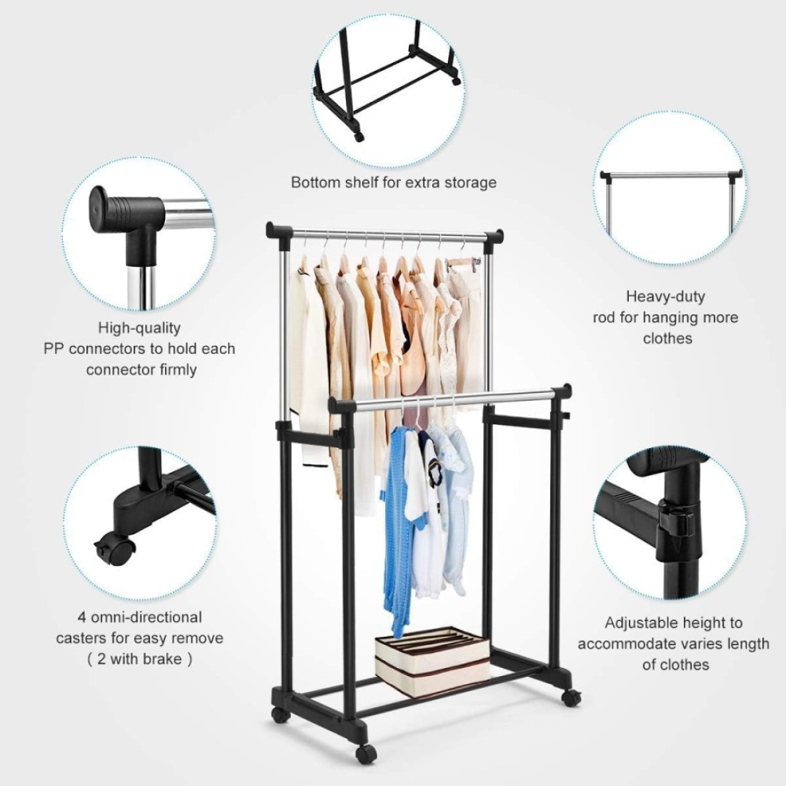 Fitto Clothes Drying Foldable Stand - Adjustable &amp; Space-Saving, Black, Portable Laundry Rack for Indoor &amp; Outdoor Use