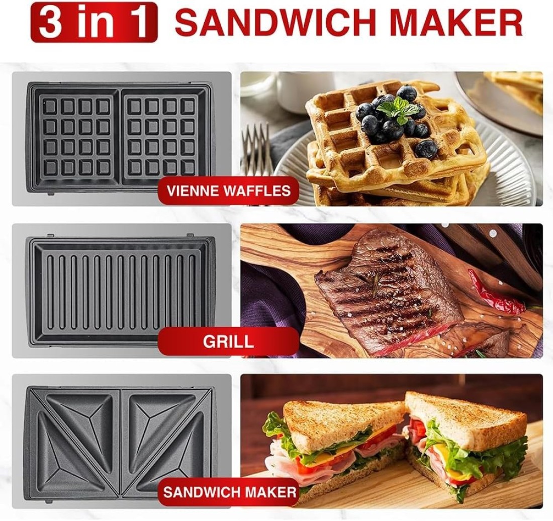 AFRA 3 In 1, 2 Slice Non-Stick Sandwich Maker, 750 Watts With Detachable Plates, Sandwich/Grill &amp; Waffel Plates, AF-8023SMSS, 2 Year Warranty