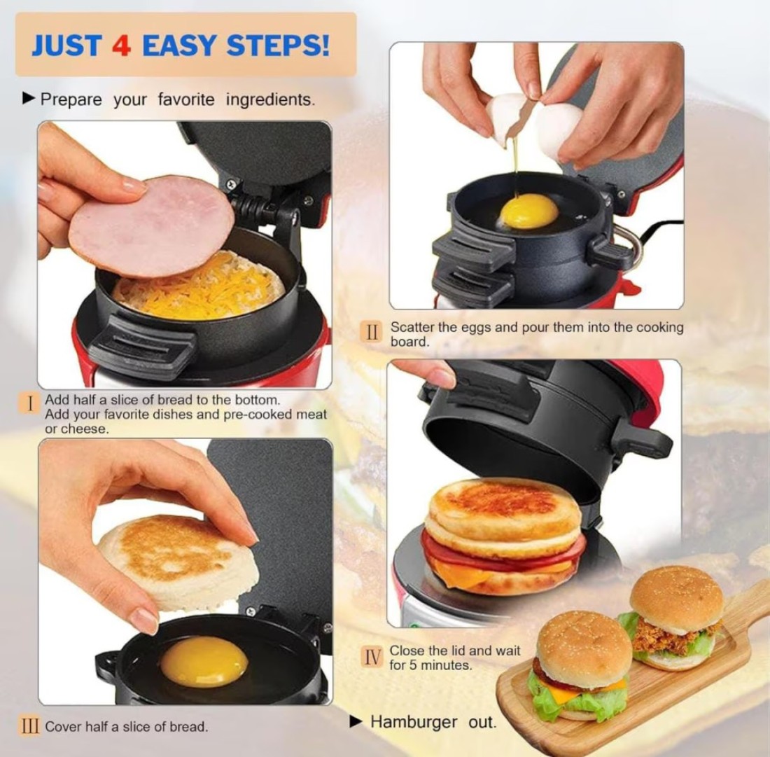 Kitchen Desk Sandwich Toaster Burger Maker, Panini Press with Egg Rings and Timer, Efficient Non-Stick Heating Plates, for Hamburgers, Waffles Snacks Burger Sandwich Maker