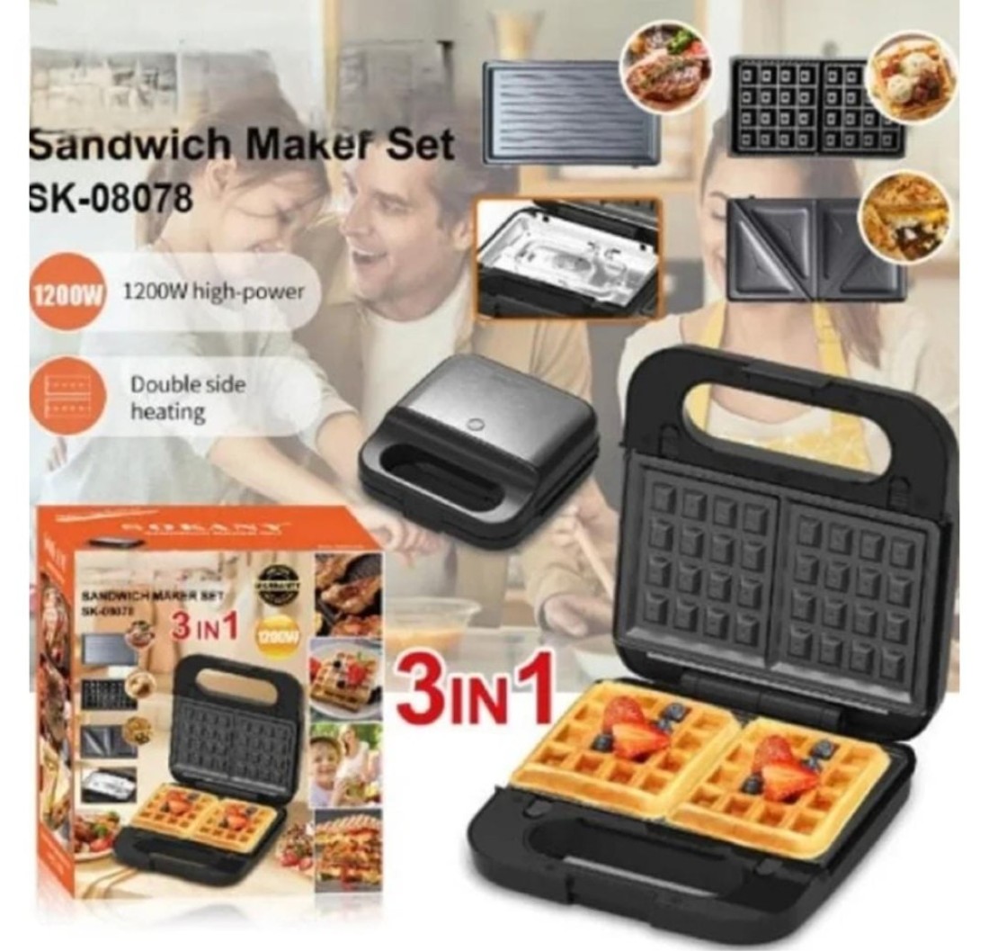 3 in 1 Sandwich Maker with Interchangeable Plates Waffle, Grill, and Sandwich Press 1200W Non Stick Coating, Easy to Clean