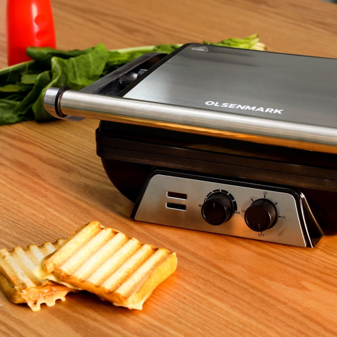 Olsenmark 2000W Super-Jumbo Grill Sandwich Maker - OMGM2441, Non-Stick Coated Plates, Opens 180 Degrees with Cool Touch Handle, Adjustable Temperature &amp; Timer with Indicator Light, 2 Year