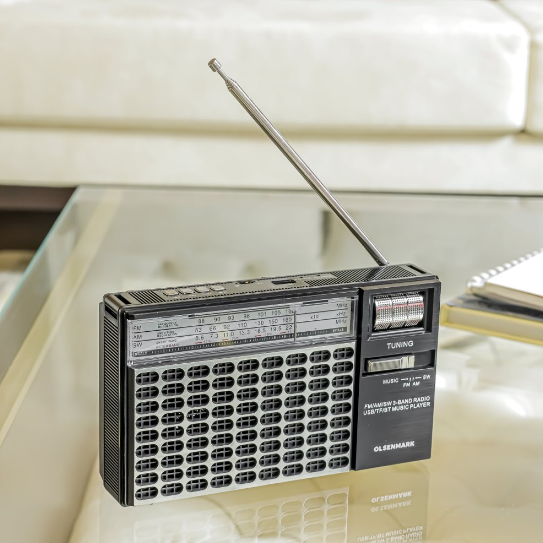 Olsenmark Portable Radio with 3 Band - Rechargeable Battery, Bluetooth USB, TF, &amp; MP3, Comfortable Handle, Karaoke Function - Recorder - Microphone Retro Style Radio, 2 Years Warranty