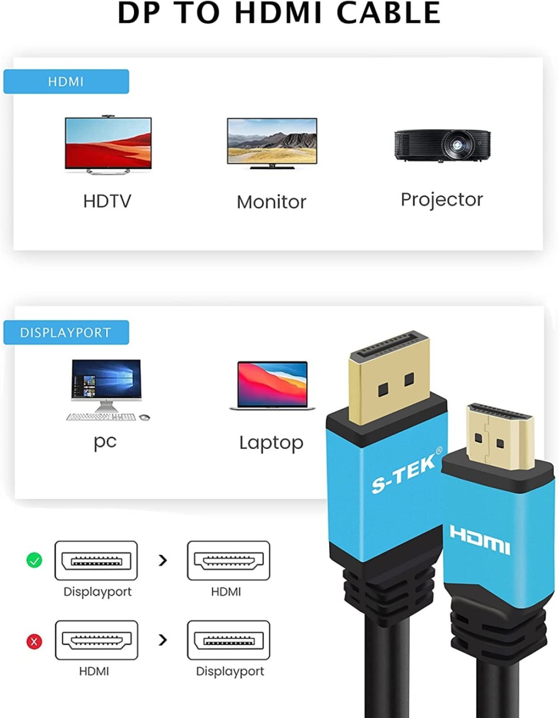 S-TEK [3mtr/6ft] Display Port to HDMI Cable Male to Male DP to HDMI for HDTV and Monitor Cable