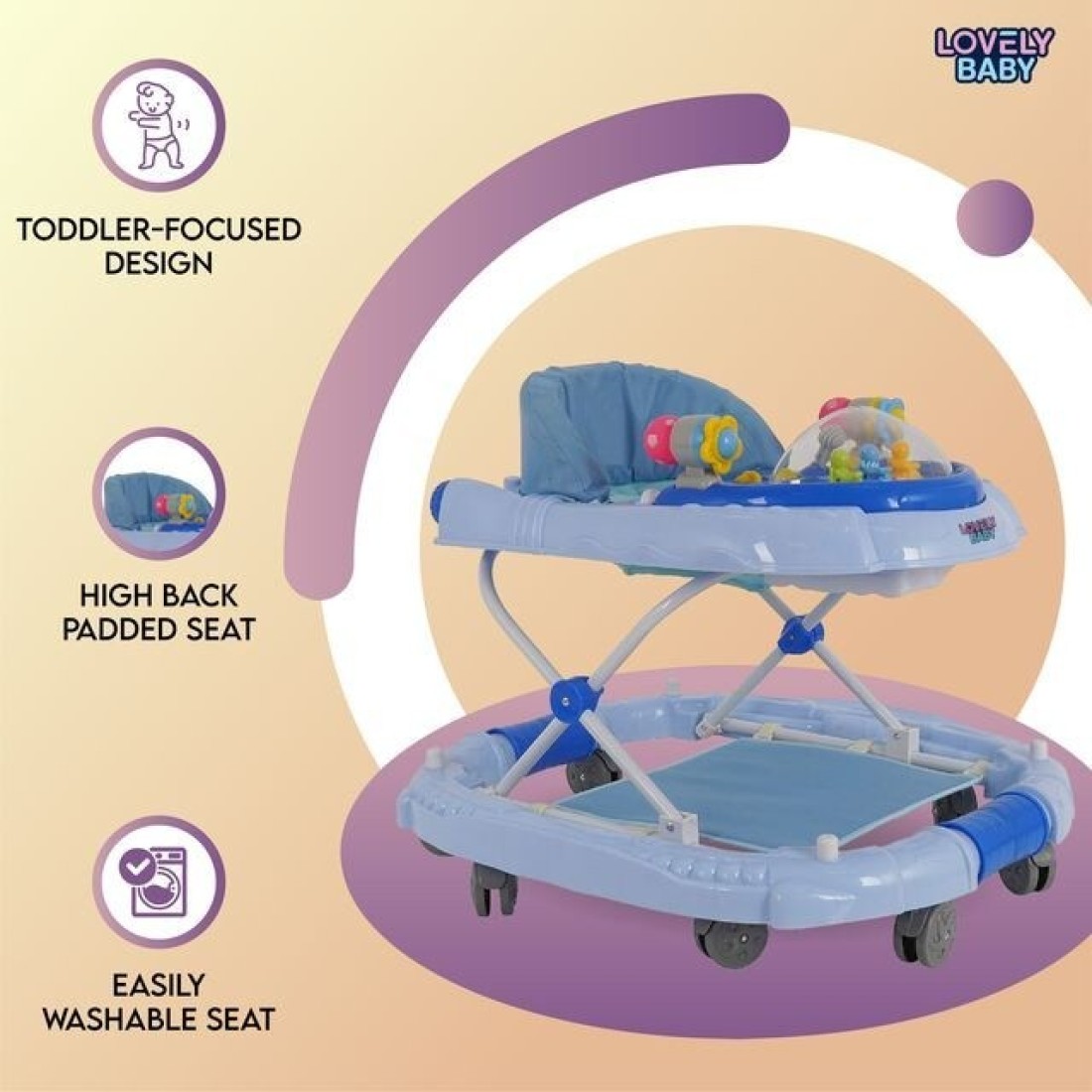 Lovely Baby Foldable Kids Walker BW04 with Adjustable Height, Musical Toys, Rotating Wheels, Comfortable &amp; Safe Activity Walker for Toddlers, Small Infant Boy Girl 6-18 months - Blue