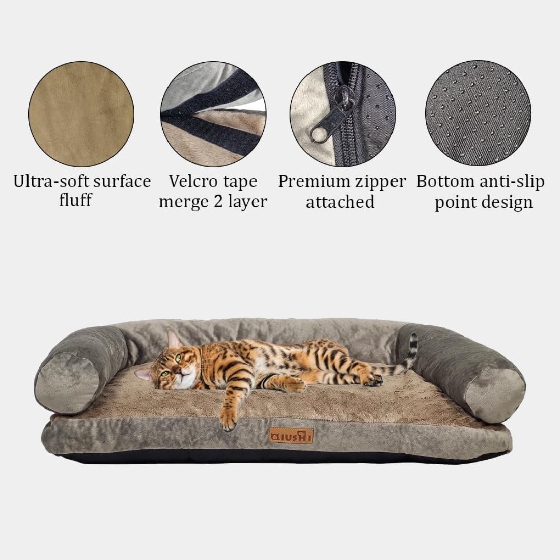 Orthopedic dog bed sofa with U-shaped bolster, Machine washable cover and nonskid bottom, Suitable for medium sized pets, Soft and comfortable dog bed 65 cm L (Khaki)