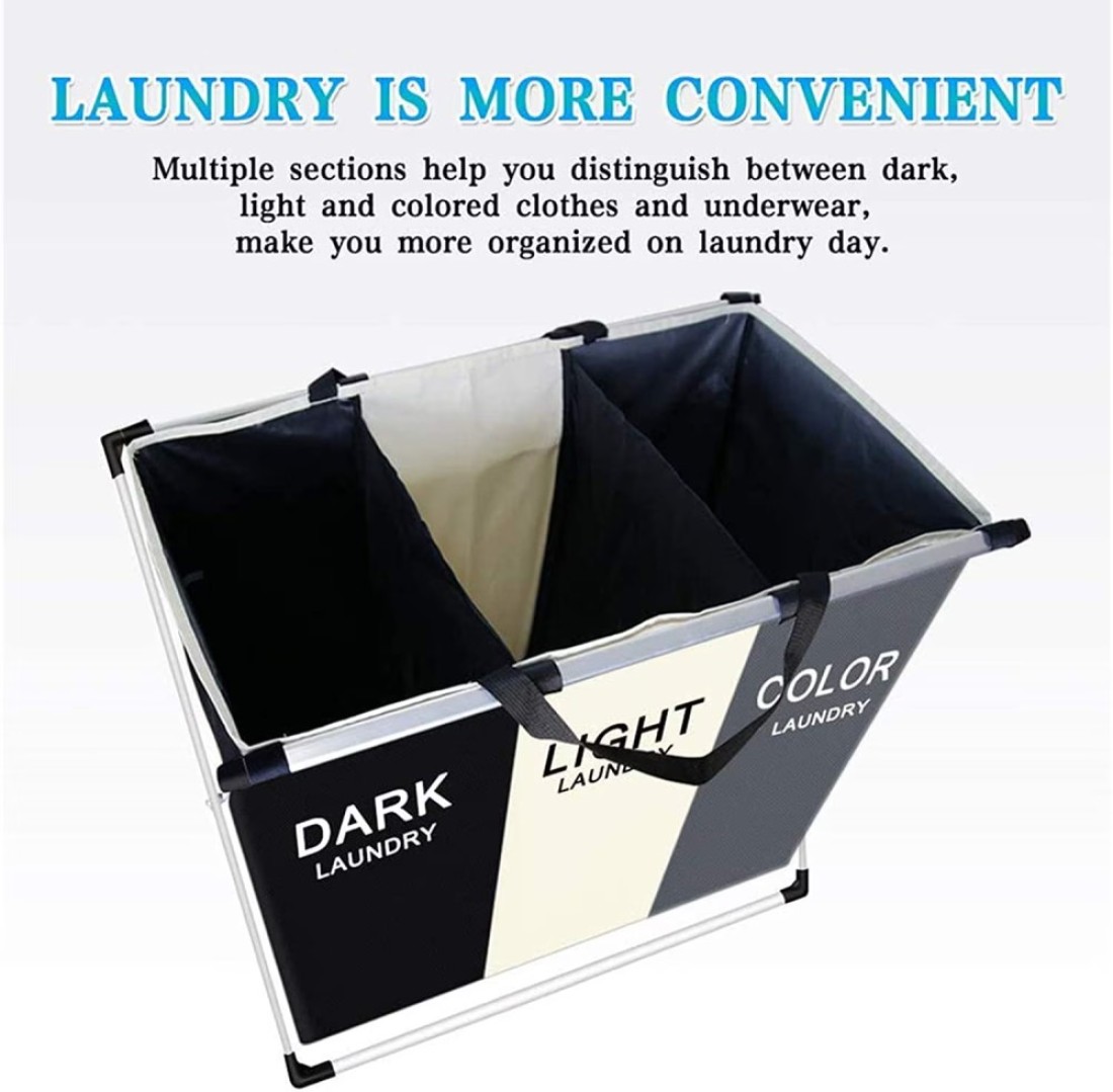 U-Hoome Foldable Laundry Hamper Basket Sorter With Handle And Aluminum Frame, 3 Sections