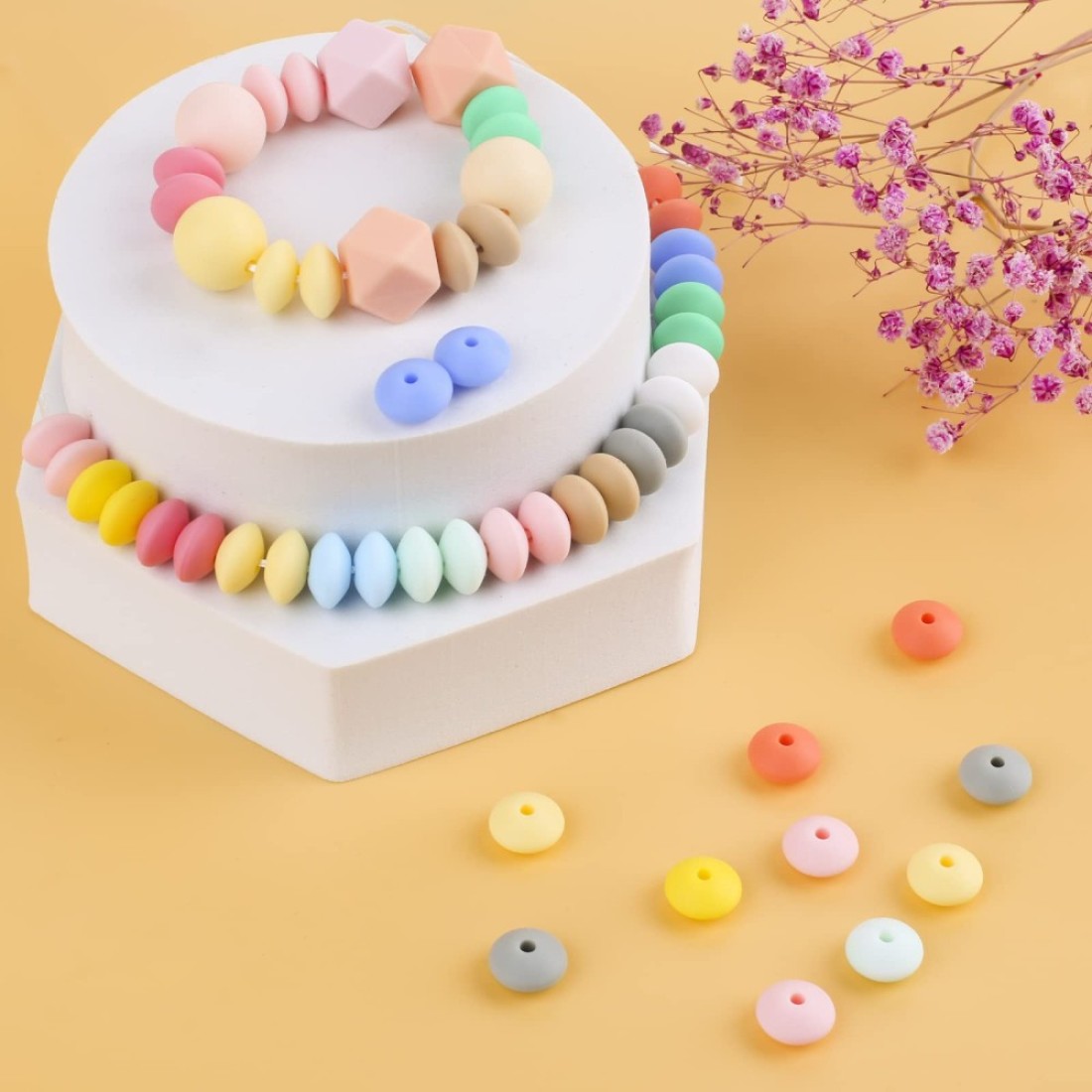 120Pcs Silicone Abacus Beads Bulk 12mm Shaped Lentil Silicon Beads 12 Colors for Keychain Making DIY Jewelry Making