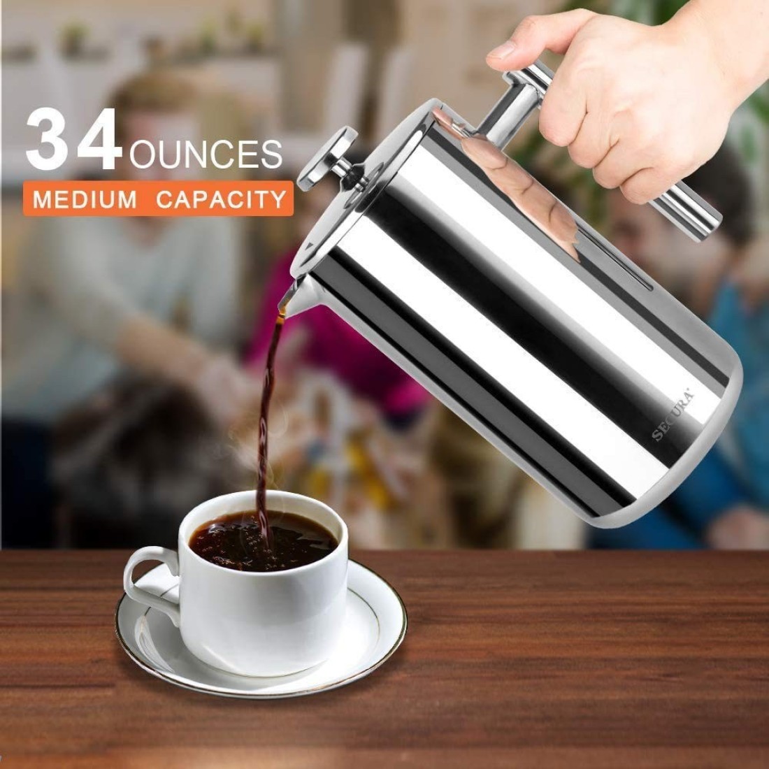 Secura French Press Coffee Maker 304 Grade Stainless Steel Insulated Coffee Press with 2 Extra Screens 34oz 1 Litre Silver