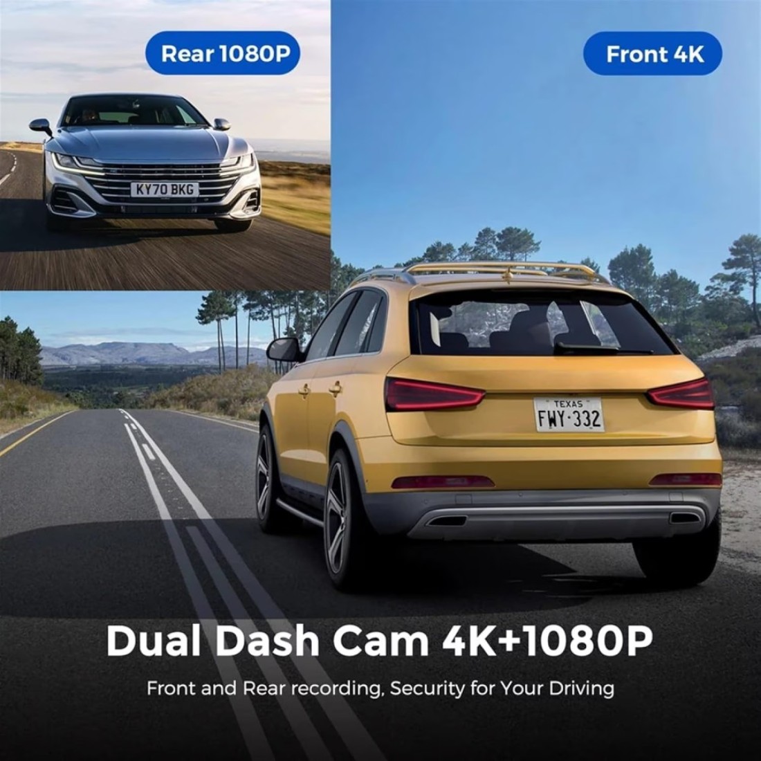 كاميرا ذكية 4K WiFi GPS - كاميرا أمامية وخلفية للسيارة مع تطبيق، كاميرا 4K Ultra HD Dash، إعداد USB سهل، تسجيل متكرر، رؤية ليلية، وضع وقوف السيارات