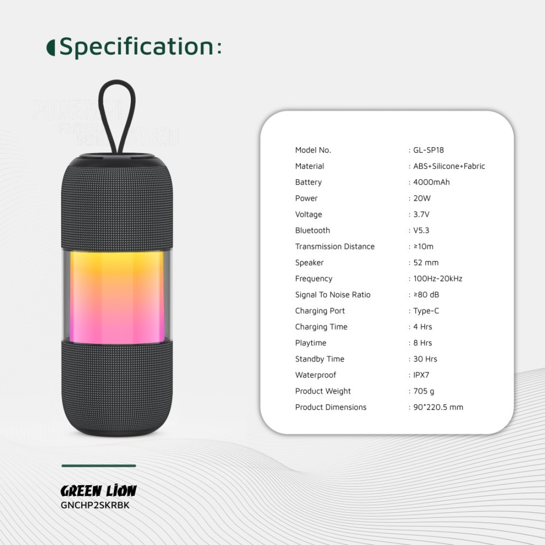 سماعة بورتابل RGB جرين لايون تشينج برو، بطارية 4000 مللي أمبير، قوة 20 واط، مقاومة للماء IPX7، صوت عميق، مكبر صوت 52 مم، 6 ساعات تشغيل، استريو لاسلكي حقيقي، بلوتوث V5.3 - أسود
