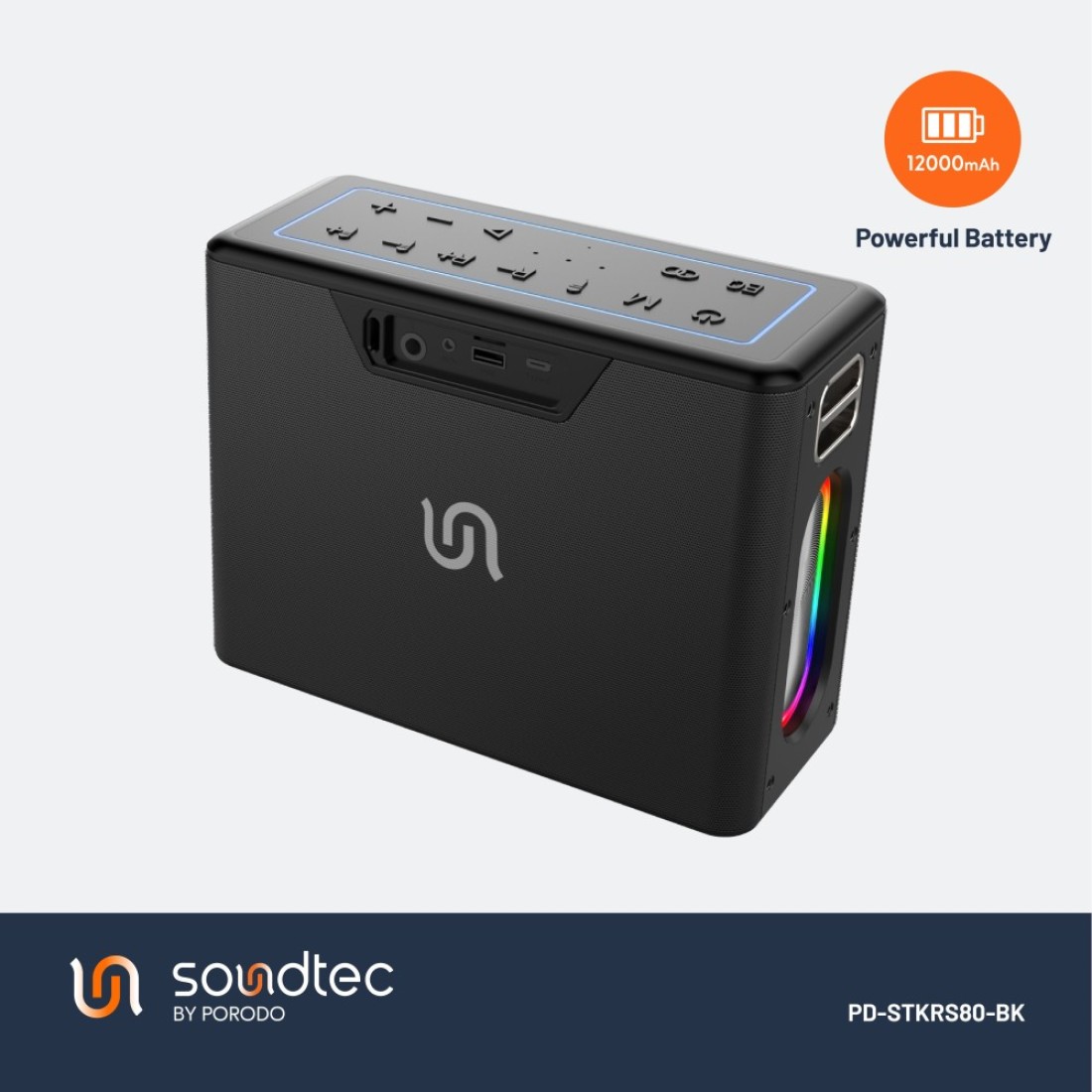 سماعة بورودو Soundtec Quantum 2.2 قناة، 80 واط صوت قوي، 12 ساعة وقت تشغيل، Bluetooth 5.0، وظيفة بنك الطاقة، مقاومة للماء IPX5، معادل متعدد النطاقات، بطارية 12000mAh - أسود
