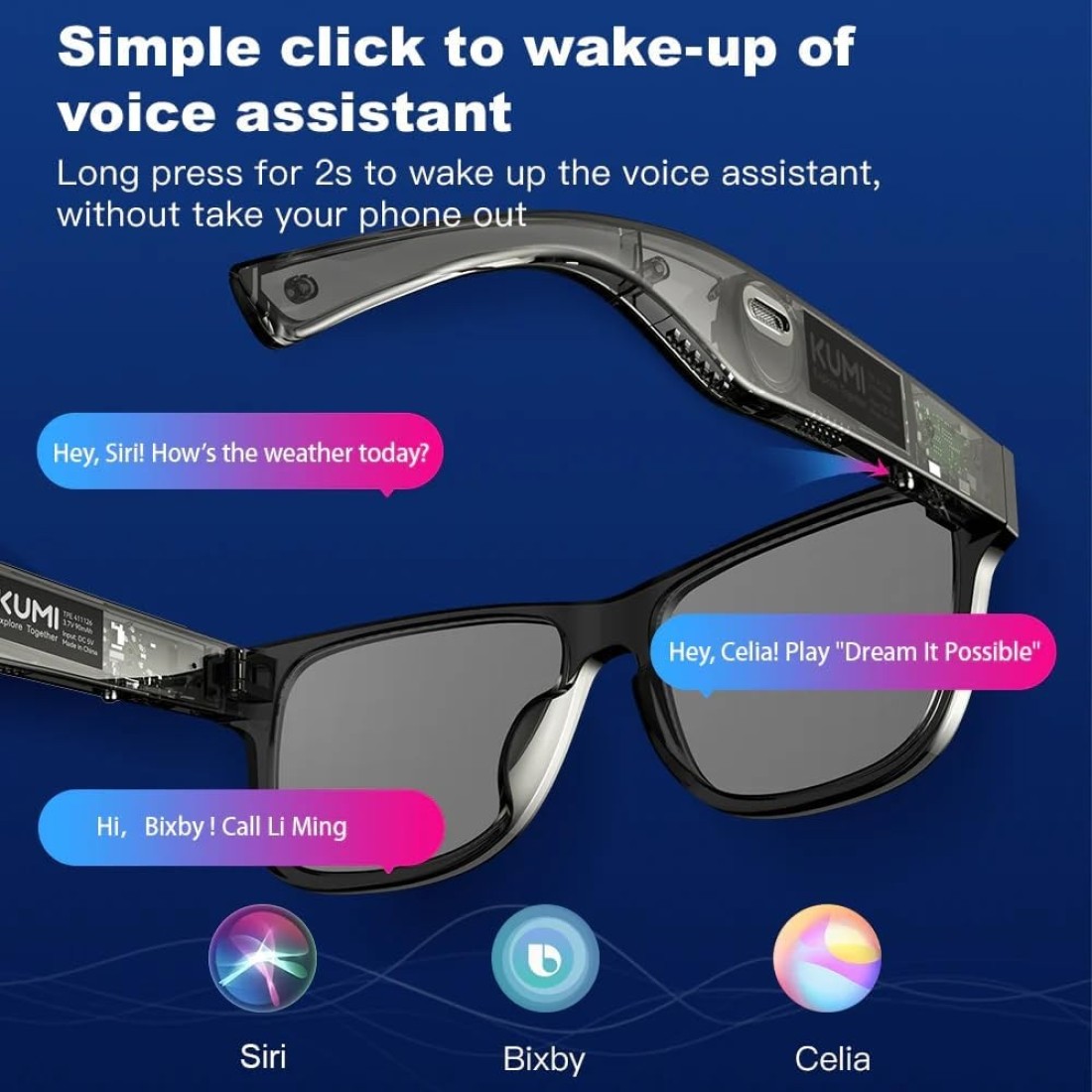 KUMI Meta V1 Smart Glasses, Semi-Transparent Design, Removable Lenses, Dual Speakers, AI Voice Assistant
