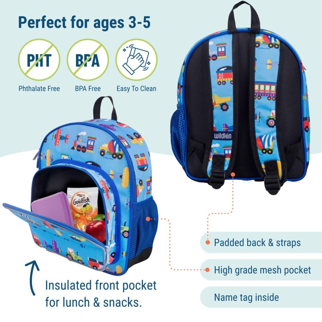 Wildkin 12Inch Kids Backpack for Boys Girls Perfect for Daycare and Preschool Toddler Bags Features Padded Back Adjustable Strap Ideal for School Travel Trains Planes and Trucks