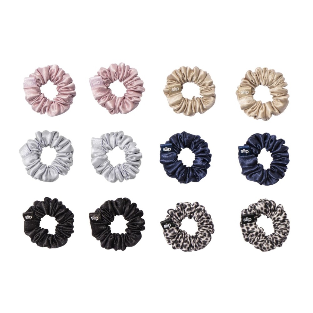 SLIP 100 Pure 22 Momme Mulberry Silk Minnie Scrunchies Classic Set of 12 in Pink Caramel Silver Navy Leopard Black